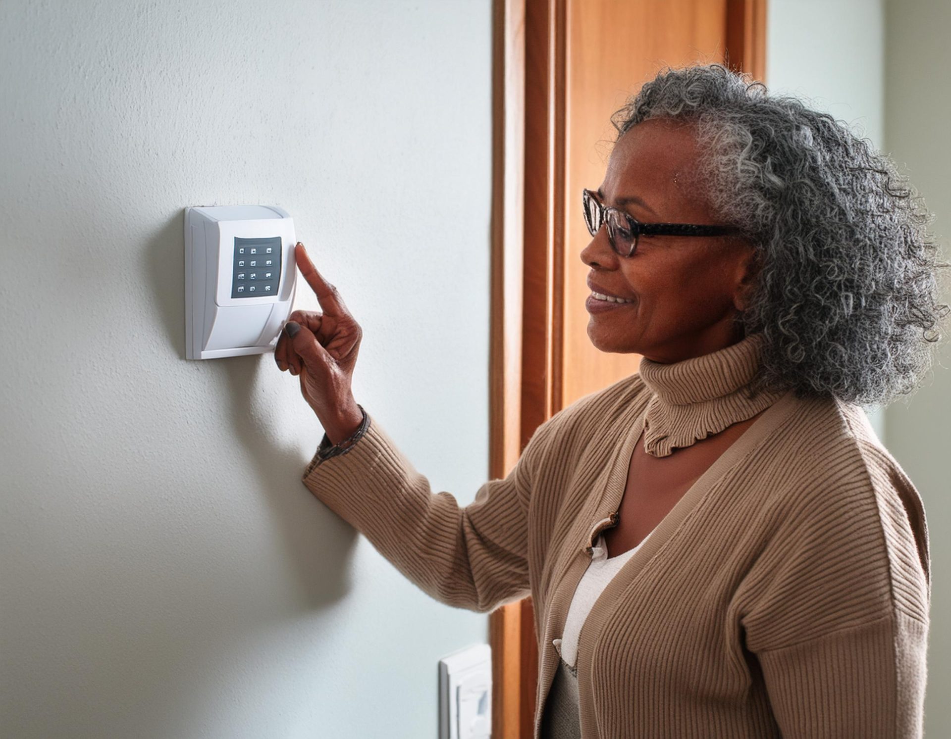 Middle-aged black woman setting an intruder alarm